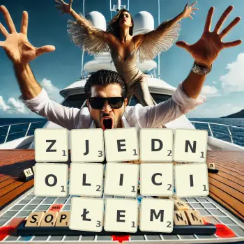 Kreatywna ilustracja do gry w Scrabble ze słowem ZJEDNOLICIŁEM ułożonym z płytek na planszy.