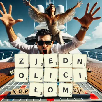 Kreatywna ilustracja do gry w Scrabble ze słowem ZJEDNOLICIŁOM ułożonym z płytek na planszy.