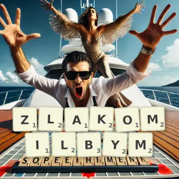 Kreatywna ilustracja do gry w Scrabble ze słowem ZLAKOMILBYM ułożonym z płytek na planszy.