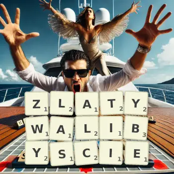 Kreatywna ilustracja do gry w Scrabble ze słowem ZLATYWALIBYSCIE ułożonym z płytek na planszy.