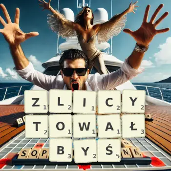 Kreatywna ilustracja do gry w Scrabble ze słowem ZLICYTOWAŁBYŚ ułożonym z płytek na planszy.