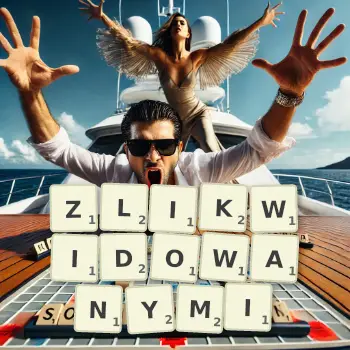Kreatywna ilustracja do gry w Scrabble ze słowem ZLIKWIDOWANYMI ułożonym z płytek na planszy.