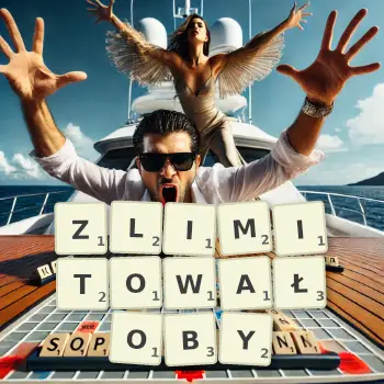 Kreatywna ilustracja do gry w Scrabble ze słowem ZLIMITOWAŁOBY ułożonym z płytek na planszy.