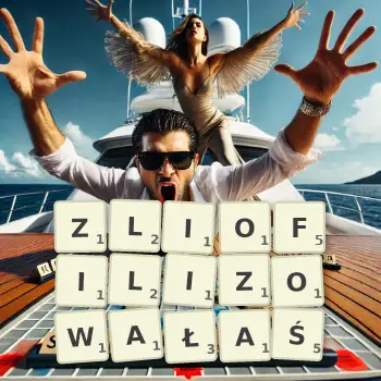 Kreatywna ilustracja do gry w Scrabble ze słowem ZLIOFILIZOWAŁAŚ ułożonym z płytek na planszy.