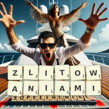 Kreatywna ilustracja do gry w Scrabble ze słowem ZLITOWANIAMI ułożonym z płytek na planszy.