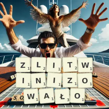 Kreatywna ilustracja do gry w Scrabble ze słowem ZLITWINIZOWAŁO ułożonym z płytek na planszy.