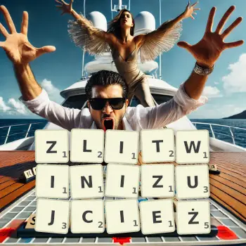 Kreatywna ilustracja do gry w Scrabble ze słowem ZLITWINIZUJCIEŻ ułożonym z płytek na planszy.