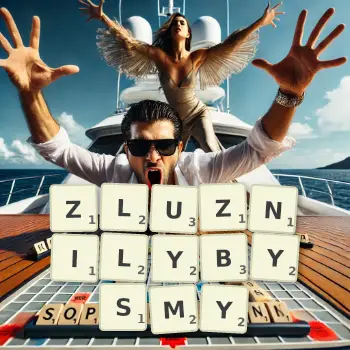 Kreatywna ilustracja do gry w Scrabble ze słowem ZLUZNILYBYSMY ułożonym z płytek na planszy.