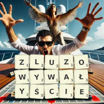 Kreatywna ilustracja do gry w Scrabble ze słowem ZLUZOWYWAŁYŚCIE ułożonym z płytek na planszy.