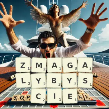 Kreatywna ilustracja do gry w Scrabble ze słowem ZMAGALYBYSCIE ułożonym z płytek na planszy.