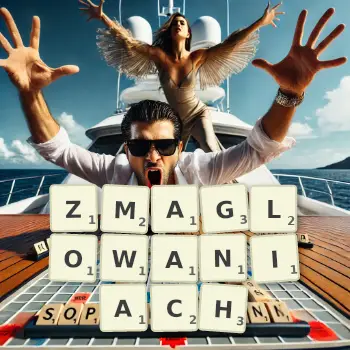 Kreatywna ilustracja do gry w Scrabble ze słowem ZMAGLOWANIACH ułożonym z płytek na planszy.