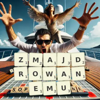 Kreatywna ilustracja do gry w Scrabble ze słowem ZMAJDROWANEMU ułożonym z płytek na planszy.