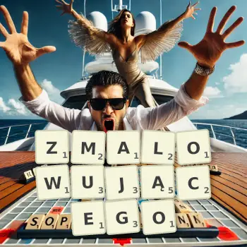 Kreatywna ilustracja do gry w Scrabble ze słowem ZMALOWUJĄCEGO ułożonym z płytek na planszy.