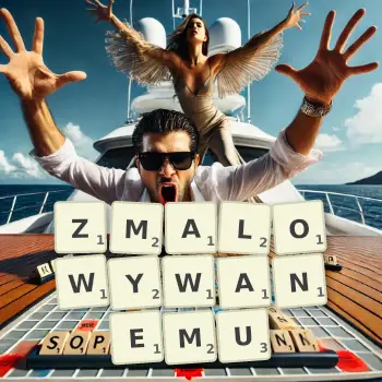 Kreatywna ilustracja do gry w Scrabble ze słowem ZMALOWYWANEMU ułożonym z płytek na planszy.