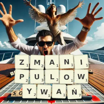 Kreatywna ilustracja do gry w Scrabble ze słowem ZMANIPULOWYWAŃ ułożonym z płytek na planszy.