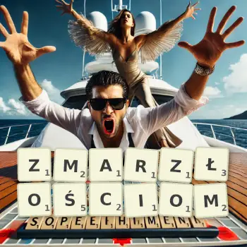 Kreatywna ilustracja do gry w Scrabble ze słowem ZMARZŁOŚCIOM ułożonym z płytek na planszy.