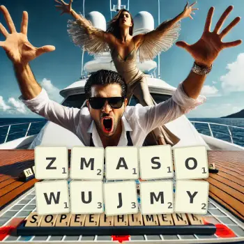 Kreatywna ilustracja do gry w Scrabble ze słowem ZMASOWUJMY ułożonym z płytek na planszy.