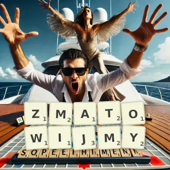 Kreatywna ilustracja do gry w Scrabble ze słowem ZMATOWIJMY ułożonym z płytek na planszy.