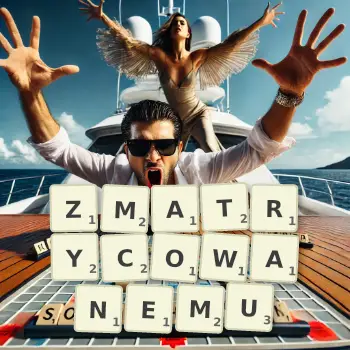 Kreatywna ilustracja do gry w Scrabble ze słowem ZMATRYCOWANEMU ułożonym z płytek na planszy.