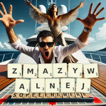 Kreatywna ilustracja do gry w Scrabble ze słowem ZMAZYWALNEJ ułożonym z płytek na planszy.