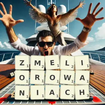 Kreatywna ilustracja do gry w Scrabble ze słowem ZMELIOROWANIACH ułożonym z płytek na planszy.