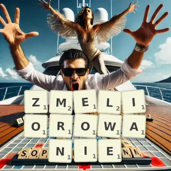 Kreatywna ilustracja do gry w Scrabble ze słowem ZMELIOROWANIE ułożonym z płytek na planszy.
