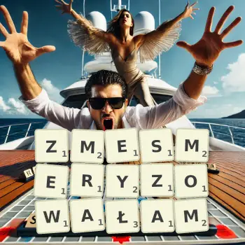 Kreatywna ilustracja do gry w Scrabble ze słowem ZMESMERYZOWAŁAM ułożonym z płytek na planszy.