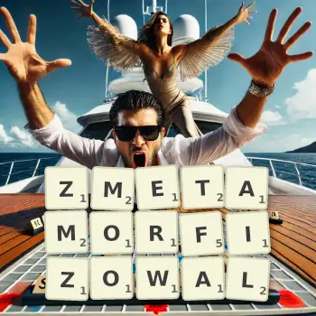 Kreatywna ilustracja do gry w Scrabble ze słowem ZMETAMORFIZOWAL ułożonym z płytek na planszy.