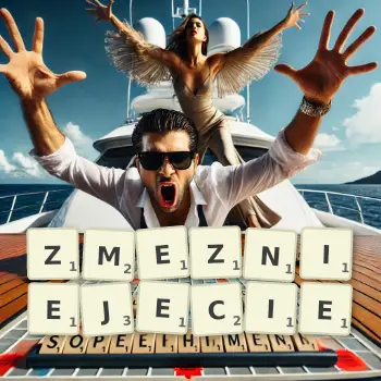 Kreatywna ilustracja do gry w Scrabble ze słowem ZMEZNIEJECIE ułożonym z płytek na planszy.