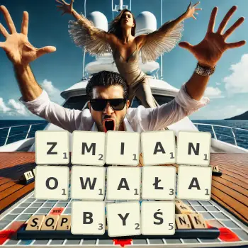 Kreatywna ilustracja do gry w Scrabble ze słowem ZMIANOWAŁABYŚ ułożonym z płytek na planszy.
