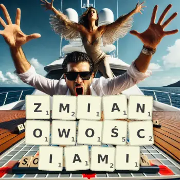 Kreatywna ilustracja do gry w Scrabble ze słowem ZMIANOWOŚCIAMI ułożonym z płytek na planszy.