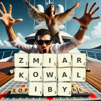 Kreatywna ilustracja do gry w Scrabble ze słowem ZMIARKOWALIBY ułożonym z płytek na planszy.