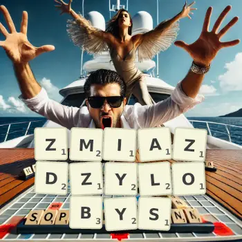 Kreatywna ilustracja do gry w Scrabble ze słowem ZMIAZDZYLOBYS ułożonym z płytek na planszy.