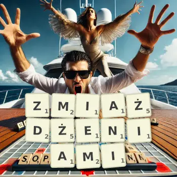 Kreatywna ilustracja do gry w Scrabble ze słowem ZMIAŻDŻENIAMI ułożonym z płytek na planszy.