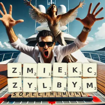 Kreatywna ilustracja do gry w Scrabble ze słowem ZMIEKCZYLBYM ułożonym z płytek na planszy.