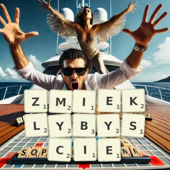 Kreatywna ilustracja do gry w Scrabble ze słowem ZMIEKLYBYSCIE ułożonym z płytek na planszy.