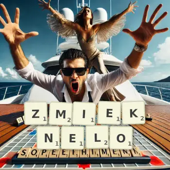 Kreatywna ilustracja do gry w Scrabble ze słowem ZMIEKNELO ułożonym z płytek na planszy.