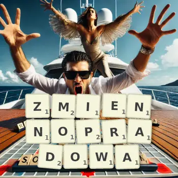 Kreatywna ilustracja do gry w Scrabble ze słowem ZMIENNOPRADOWA ułożonym z płytek na planszy.