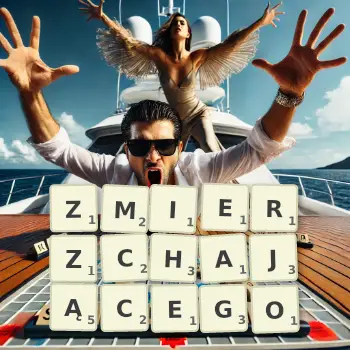 Kreatywna ilustracja do gry w Scrabble ze słowem ZMIERZCHAJĄCEGO ułożonym z płytek na planszy.
