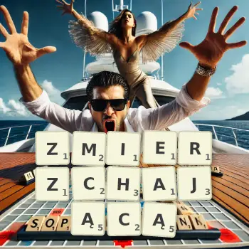 Kreatywna ilustracja do gry w Scrabble ze słowem ZMIERZCHAJĄCĄ ułożonym z płytek na planszy.