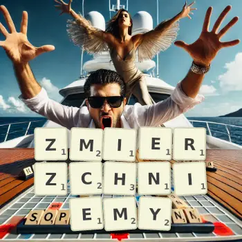 Kreatywna ilustracja do gry w Scrabble ze słowem ZMIERZCHNIEMY ułożonym z płytek na planszy.