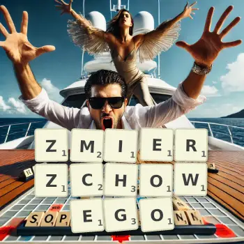 Kreatywna ilustracja do gry w Scrabble ze słowem ZMIERZCHOWEGO ułożonym z płytek na planszy.