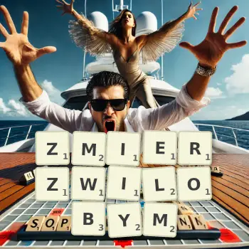 Kreatywna ilustracja do gry w Scrabble ze słowem ZMIERZWILOBYM ułożonym z płytek na planszy.