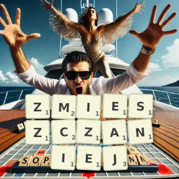 Kreatywna ilustracja do gry w Scrabble ze słowem ZMIESZCZANIEJ ułożonym z płytek na planszy.