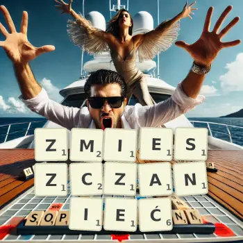 Kreatywna ilustracja do gry w Scrabble ze słowem ZMIESZCZANIEĆ ułożonym z płytek na planszy.