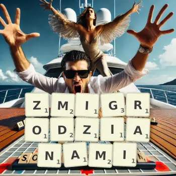 Kreatywna ilustracja do gry w Scrabble ze słowem ZMIGRODZIANAMI ułożonym z płytek na planszy.
