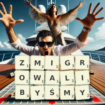 Kreatywna ilustracja do gry w Scrabble ze słowem ZMIGROWALIBYŚMY ułożonym z płytek na planszy.