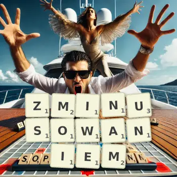 Kreatywna ilustracja do gry w Scrabble ze słowem ZMINUSOWANIEM ułożonym z płytek na planszy.