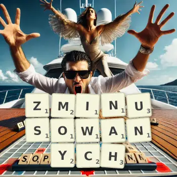 Kreatywna ilustracja do gry w Scrabble ze słowem ZMINUSOWANYCH ułożonym z płytek na planszy.