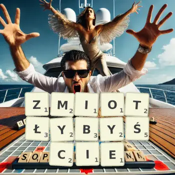 Kreatywna ilustracja do gry w Scrabble ze słowem ZMIOTŁYBYŚCIE ułożonym z płytek na planszy.
